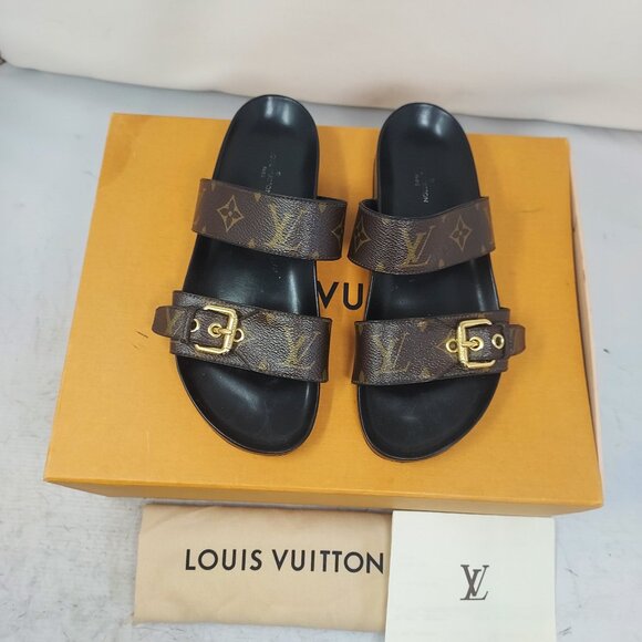 Louis Vuitton Brown Buckle Bom Dia Monogram Flat Sandal - Picture 1 of 15